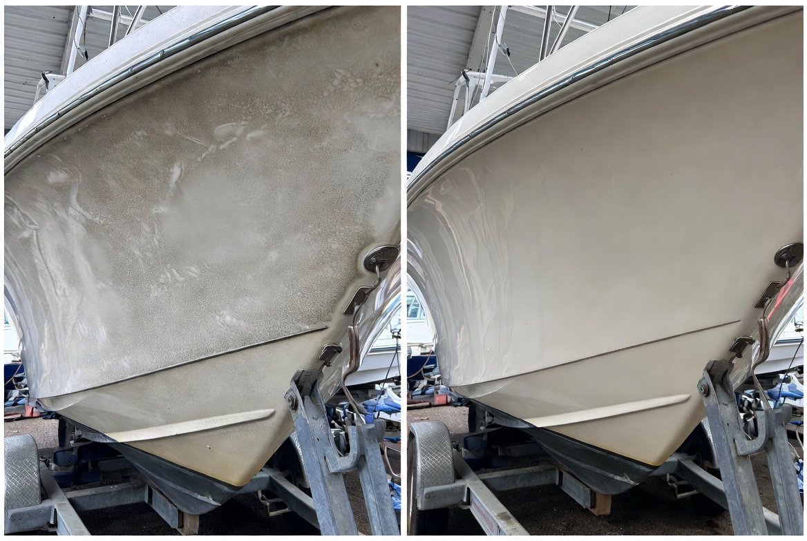 Boat hull before and after paint correction by Bayou Elite Detailing Co.