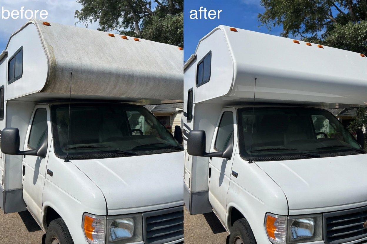Class C RV before and after professional detailing by Bayou Elite