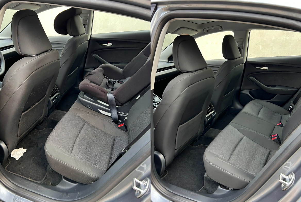 Luxury sedan before and after professional detailing by Bayou Elite