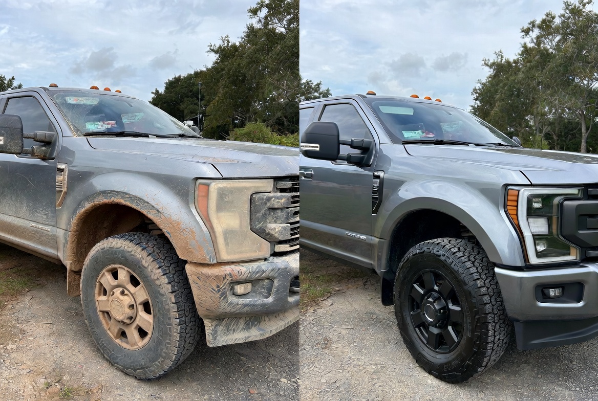 Muddy work truck before and after professional detailing by Bayou Elite Detailing Co.